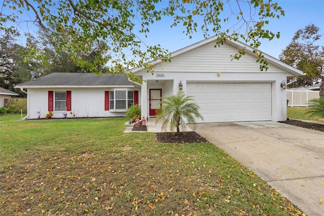 single story home with a front yard and a garage