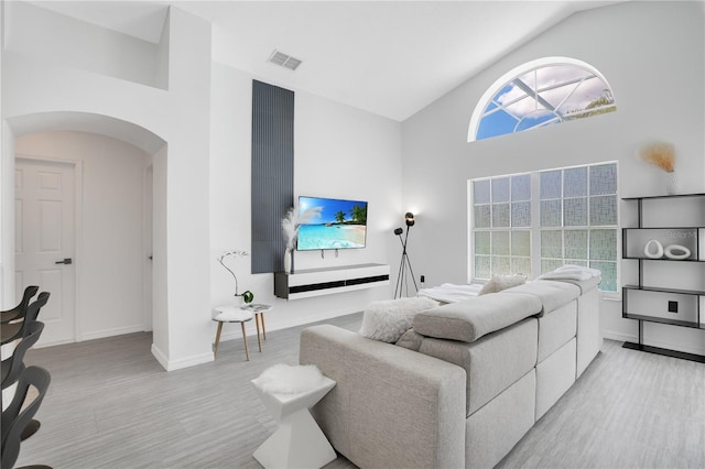 living room featuring high vaulted ceiling