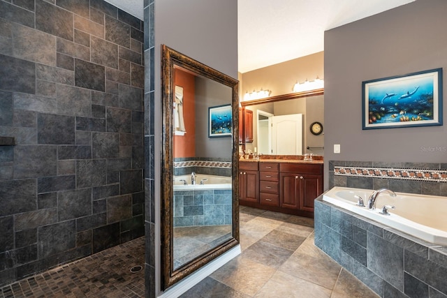 bathroom with vanity and plus walk in shower