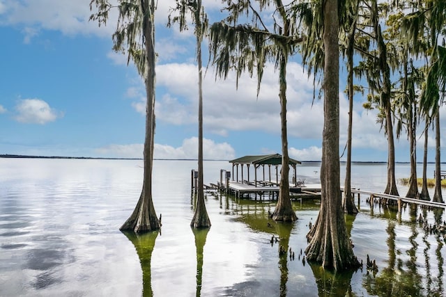 view of dock with a water view