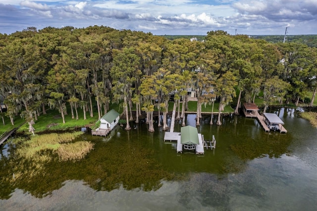 aerial view featuring a water view