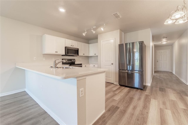 kitchen featuring kitchen peninsula, white cabinetry, light hardwood / wood-style flooring, sink, and stainless steel appliances