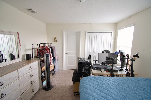 bedroom with a closet, a textured ceiling, and carpet floors