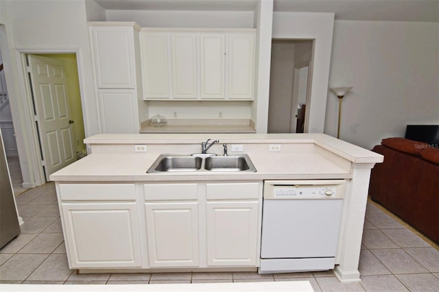 kitchen featuring a center island with sink, sink, dishwasher, and white cabinetry