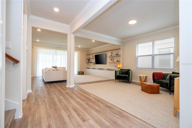 living room featuring crown molding, light hardwood / wood-style flooring, and plenty of natural light