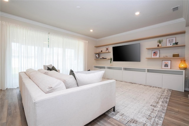 living room featuring crown molding and light wood-type flooring