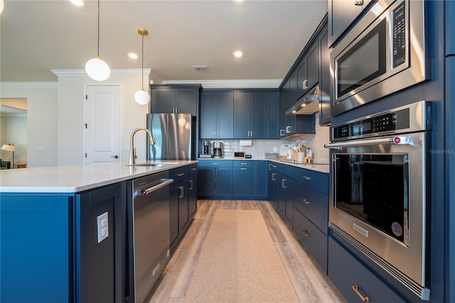 kitchen with an island with sink, light hardwood / wood-style flooring, stainless steel appliances, sink, and blue cabinets