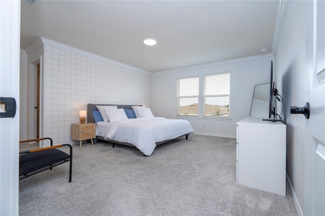 carpeted bedroom with crown molding