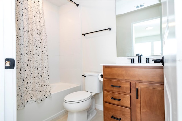 full bathroom featuring toilet, shower / bath combination with curtain, vanity, and tile patterned floors