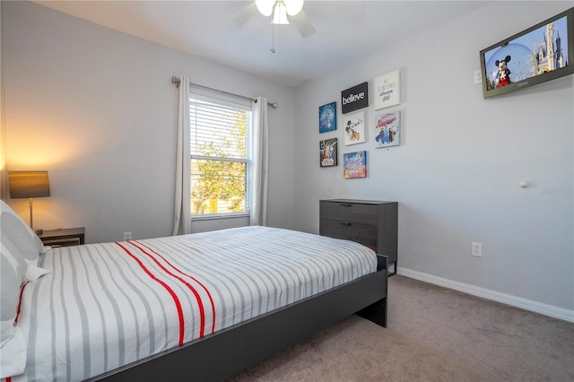 carpeted bedroom featuring ceiling fan