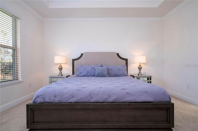 carpeted bedroom with ornamental molding