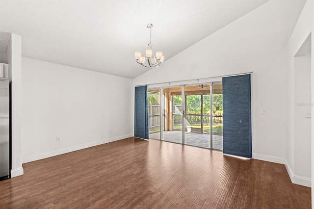 unfurnished room featuring a notable chandelier, high vaulted ceiling, and dark hardwood / wood-style flooring