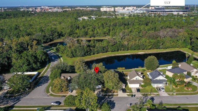 drone / aerial view with a water view