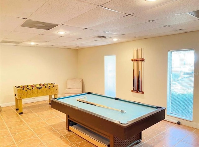 game room featuring tile patterned floors, a drop ceiling, and pool table