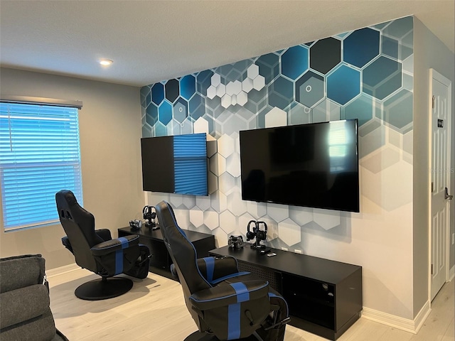 office area featuring hardwood / wood-style flooring and tile walls