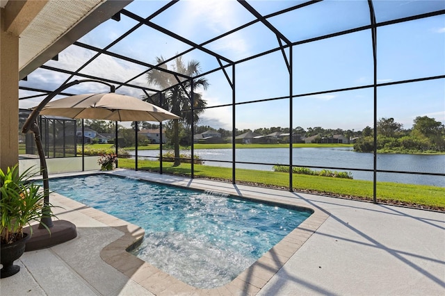 view of swimming pool with a lanai, a water view, and a patio