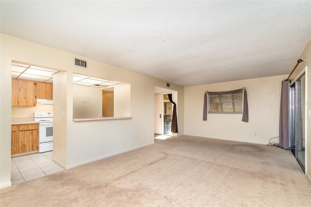 unfurnished living room with a textured ceiling and light colored carpet