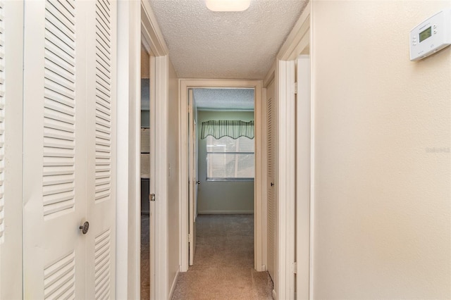 corridor featuring a textured ceiling and carpet floors