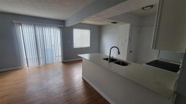 kitchen with beam ceiling, wood-type flooring, sink, cooktop, and a textured ceiling