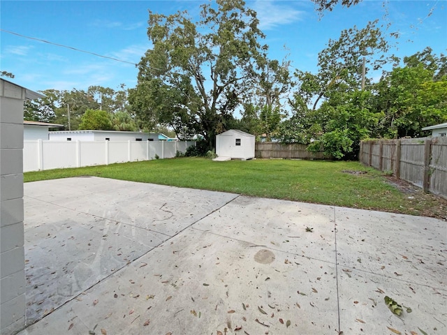 view of patio / terrace featuring a storage shed