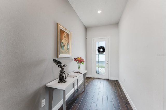 doorway to outside featuring dark wood-type flooring