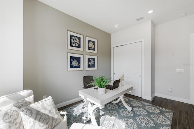 home office featuring dark wood-type flooring