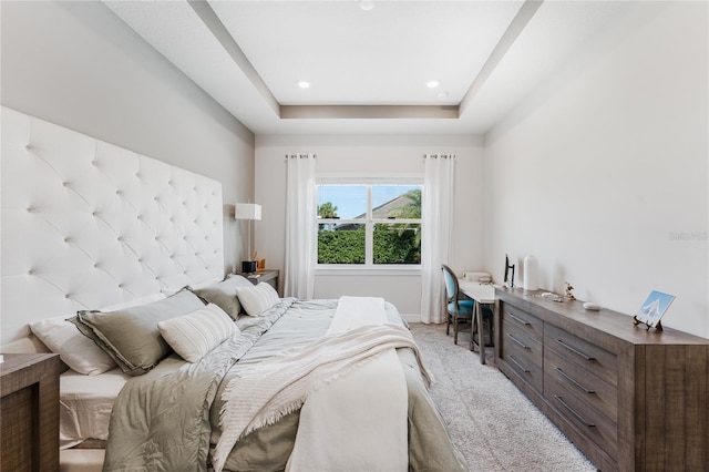 bedroom featuring light carpet and a raised ceiling