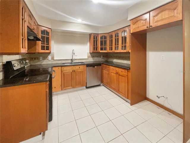 kitchen with decorative backsplash, electric range, dishwasher, light tile patterned flooring, and sink