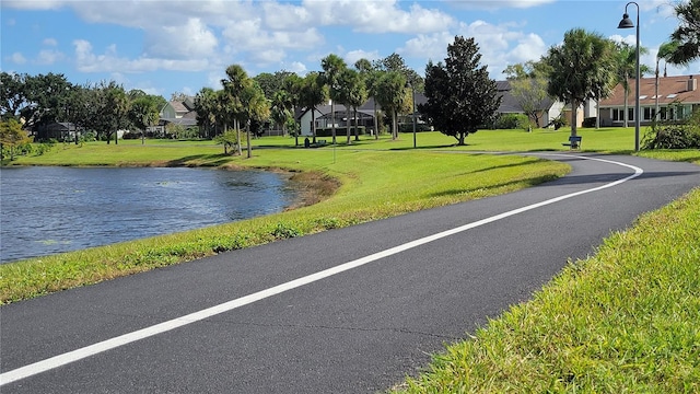 view of street with a water view