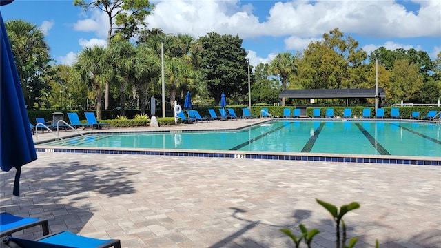 view of swimming pool with a patio area