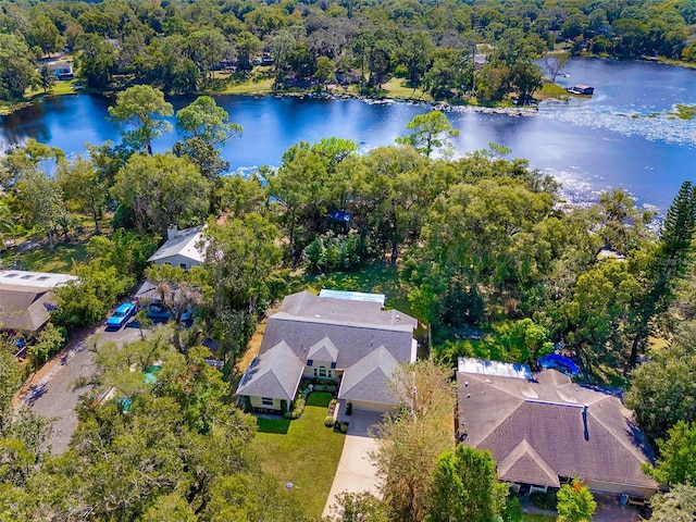 drone / aerial view with a water view