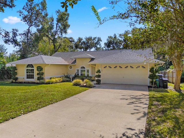 ranch-style house with a front lawn and a garage