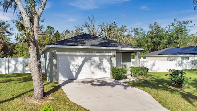 single story home featuring a front yard and a garage