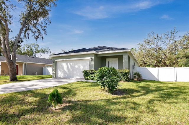 view of front of property with a front yard and a garage