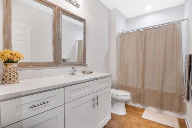 bathroom with vanity, toilet, wood-type flooring, and a shower with shower curtain