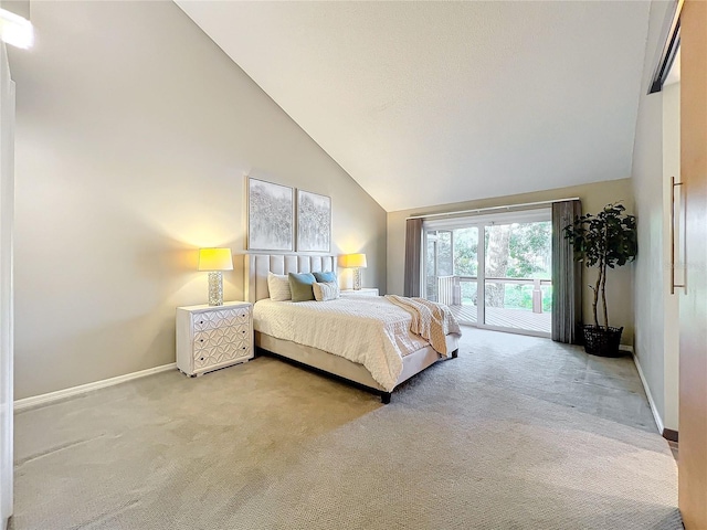 bedroom with light carpet, high vaulted ceiling, and access to exterior