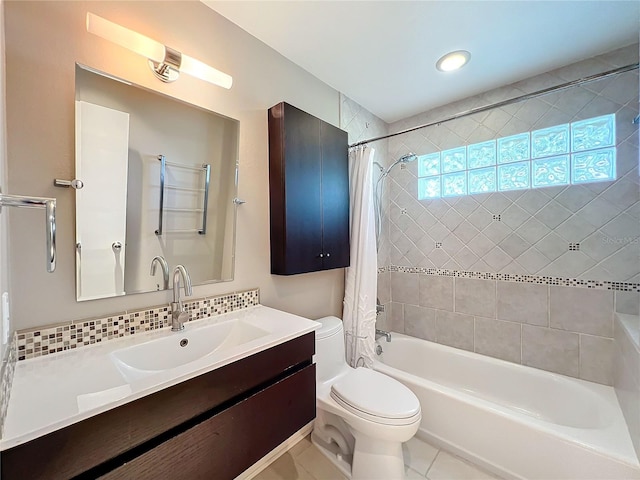 full bathroom with toilet, tile patterned flooring, shower / bath combination with curtain, backsplash, and vanity