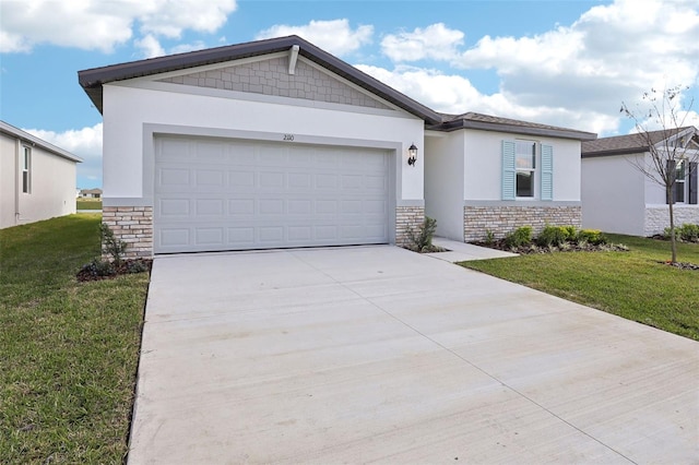 single story home featuring a garage and a front yard