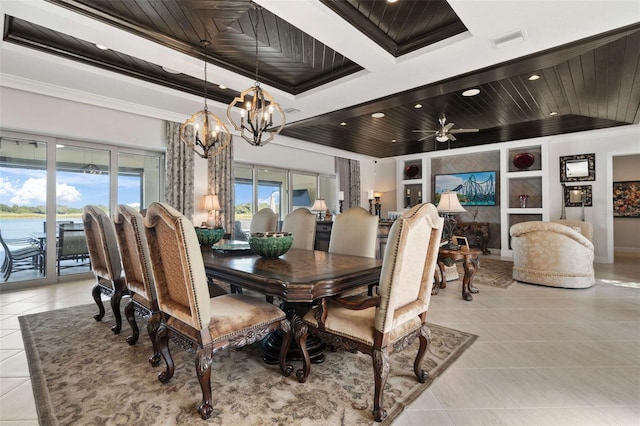 tiled dining room featuring french doors, crown molding, wooden ceiling, and ceiling fan with notable chandelier