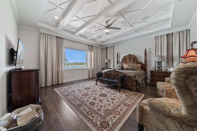 bedroom with beam ceiling, dark hardwood / wood-style flooring, ceiling fan, coffered ceiling, and crown molding