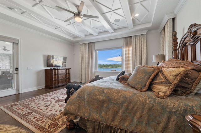 bedroom with dark hardwood / wood-style flooring, ornamental molding, beamed ceiling, and ceiling fan