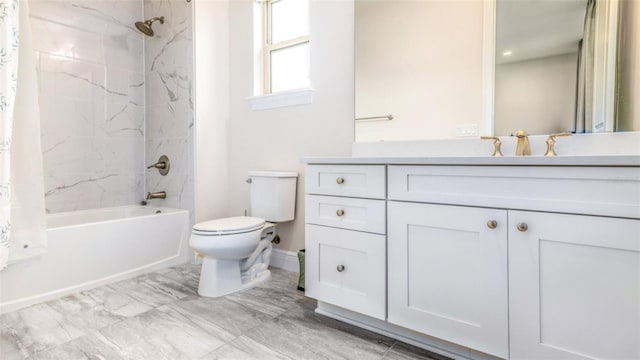 full bathroom with toilet, shower / bath combo, and vanity