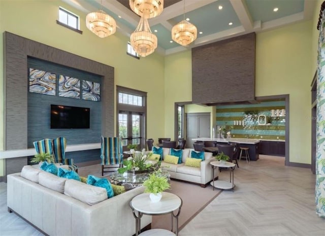 living room with beamed ceiling, coffered ceiling, and a high ceiling