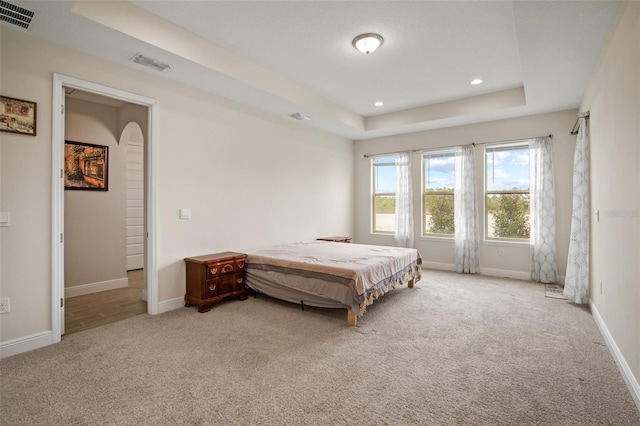 carpeted bedroom featuring a tray ceiling