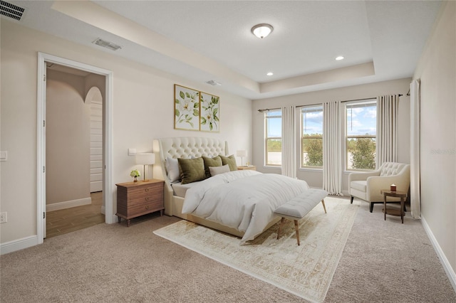 carpeted bedroom featuring a raised ceiling