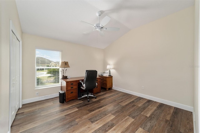 office space featuring lofted ceiling, dark wood-type flooring, and ceiling fan