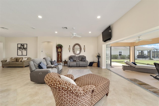 living room with light tile patterned flooring