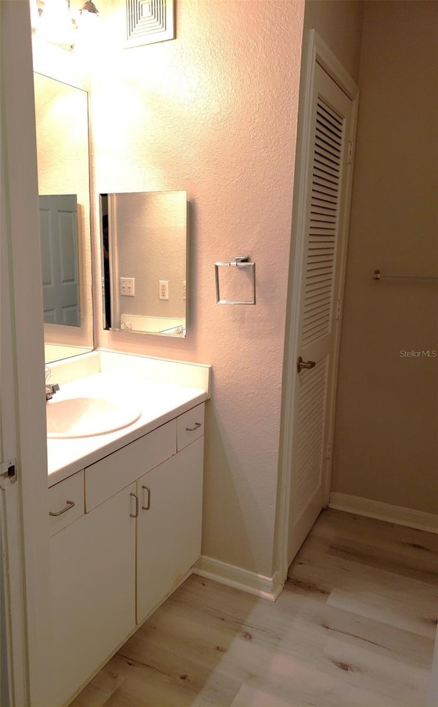 bathroom with vanity and wood-type flooring