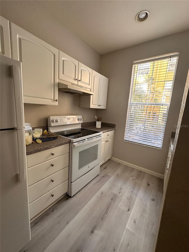 kitchen with white range with electric cooktop, refrigerator, light hardwood / wood-style flooring, and white cabinets