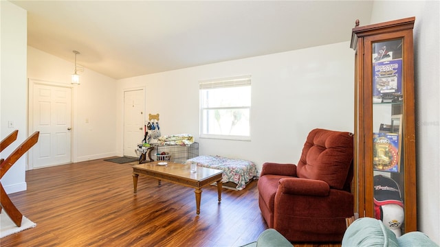 living room with lofted ceiling and dark hardwood / wood-style floors